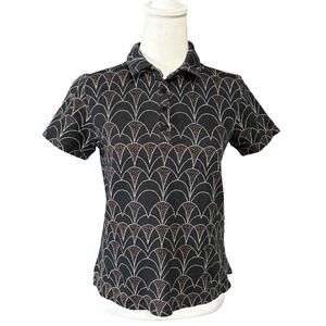 Acote Womens Polo Shirt 1 Black Geometric Metallic Knit Art Deco Short Sleeve